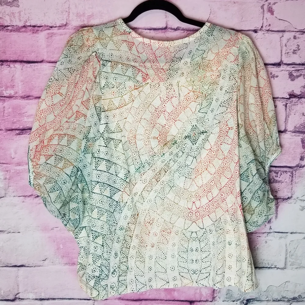 ANTHROPOLOGIE ERI + ALI ABSTRACT DOT PRINT BALLOON BAT WING PUFF SLEEVE BLOUSE S